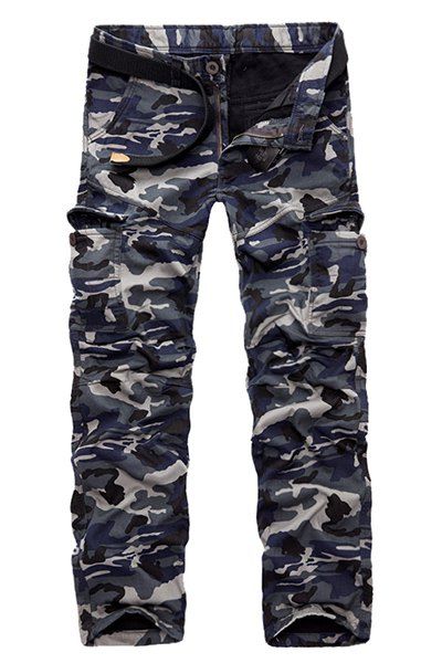 

Military Style Straight Leg Multi-Pocket Loose Fit Men's Zipper Fly Camo Cargo Pants(Thicken, Purplish blue