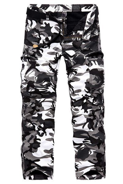 

Military Style Straight Leg Multi-Pocket Loose Fit Men's Zipper Fly Camo Cargo Pants(Thicken, Grey and white