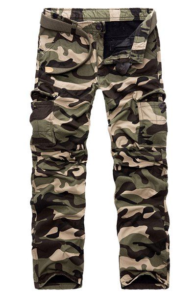 Pantalon Cargo à Coupe Droite et à Plusieurs Poches Motif Camouflage Style Militaire avec Braguette pour Hommes (Épais) - Vert Armée 29