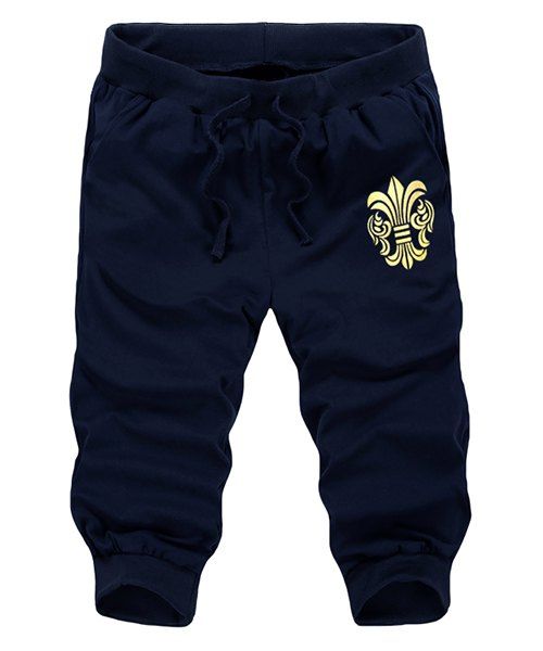 

Casual Beam Feet Rib Spliced Printed Drawstring Men's Capri Pants, Cadetblue
