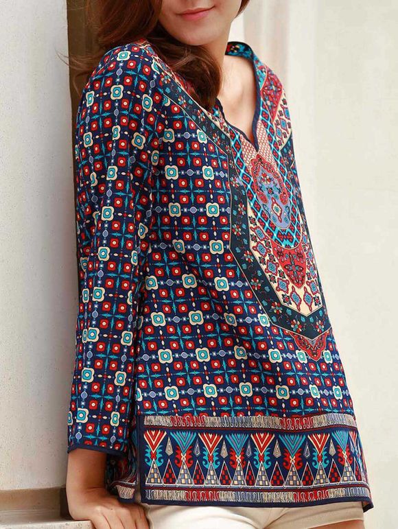 Vintage V Neck manches longues-ethnique Print Blouse pour les femmes - multicolore S