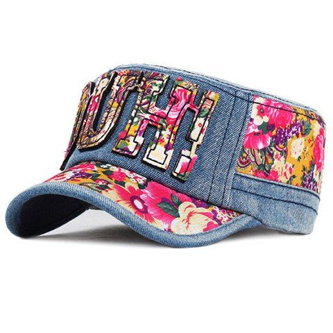 Chic Letters Shape Decorated Ethnic Flower Pattern Women's Jeans Military Hat - Rose 