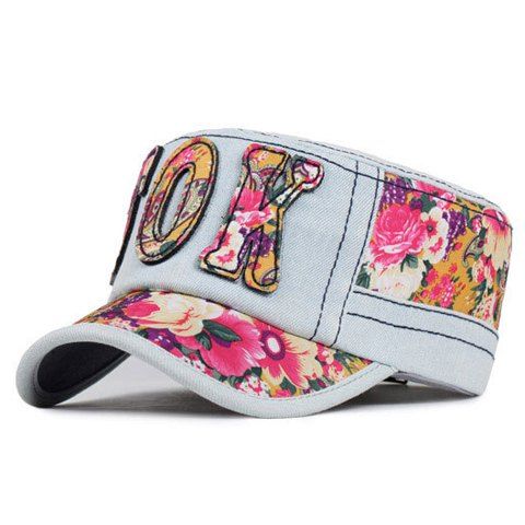 Chic Letter Shape Decorated Ethnic Flower Pattern Women's Jeans Military Hat - Rose 