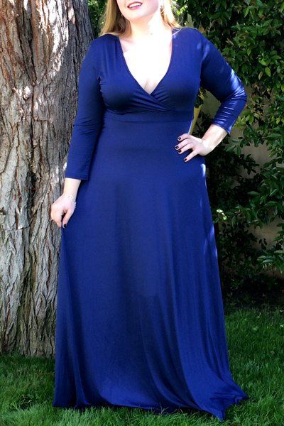 Plongeant Taille décolleté 3/4 Sleeve Plus Sexy Women Dress Solide Couleur - Bleu L