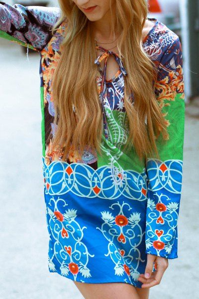 Chic Coloré Imprimé plongeant Robe en mousseline de soie cou à manches longues pour les femmes - multicolore XL