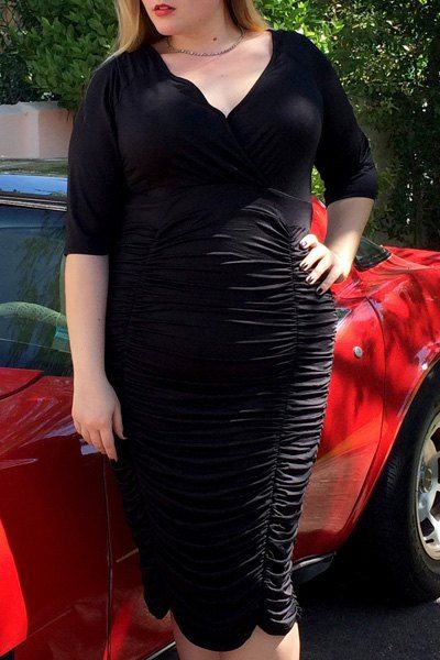 

V-Neck Half Sleeve Pleated Bodycon Midi Dress, Black