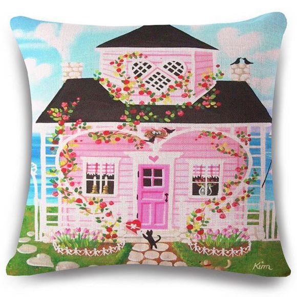 Chic Pink House Peinture à l'huile de lin motif carré Forme Taie (Sans Oreiller intérieur) - multicolore 