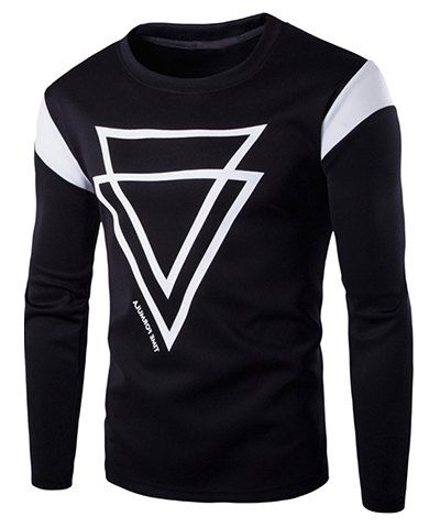 Sports Round Neck Color Block Inverted Triangles Pattern Long Sleeve Men's T-Shirt - Noir M