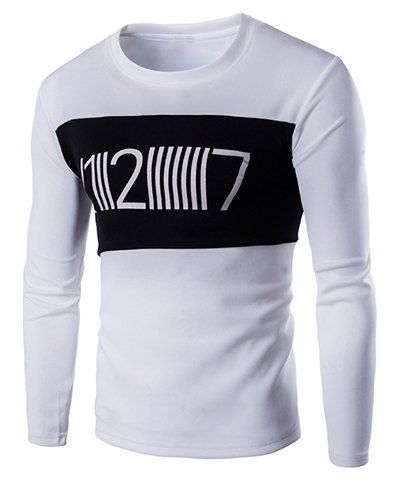 Sports Round Neck Color Block Spliced Letters Print Long Sleeve Men's T-Shirt - Blanc XL