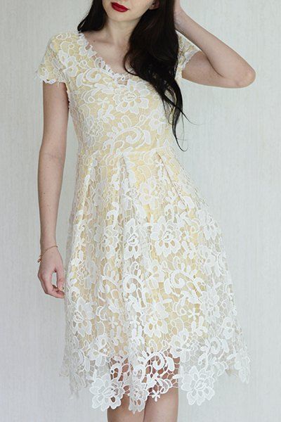 Elegant Cap Sleeve V-Neck Crochet Flower Lace Women's Dress - OFF WHITE XL