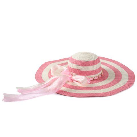 Chic Double Bow Lace-Up and Chain Embellished Women's Striped Straw Hat - Rose 