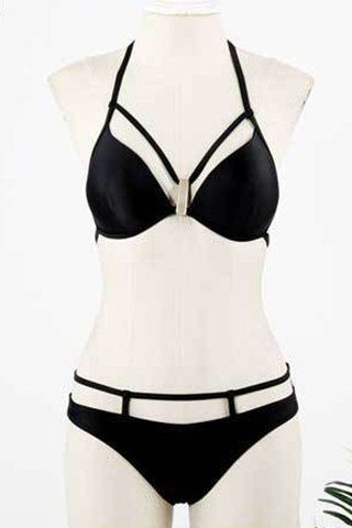 

Alluring Cut Out Halter Pure Color Women's Bikini Set, Black