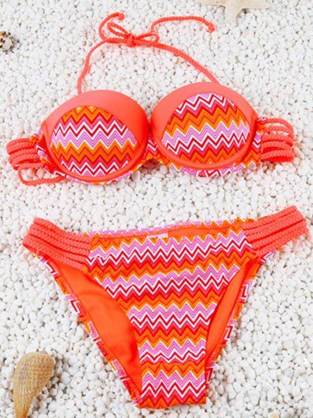 

Cute Openwork Halter Chevron Stripe Design Two-Piece Bikini For Women, Orange