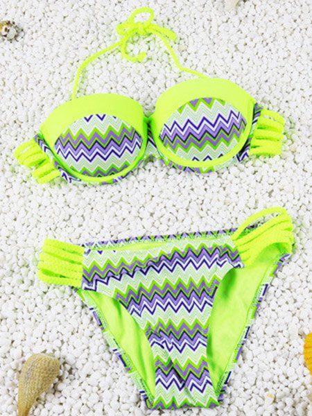 

Cute Openwork Halter Chevron Stripe Design Two-Piece Bikini For Women, Fluorescent yellow