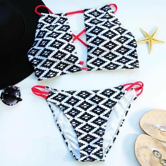 Bikini Set Superbe col haut évider imprimé géométrique Cross-Back Femmes - Blanc et Noir S