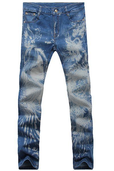 Casual dragon Imprimé Zip Pants Denim Fly For Men - Bleu clair 30