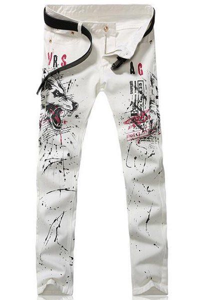 Zipper Fly Wolf and Splash-Ink Print Straight Leg Men's Jeans - Blanc 30