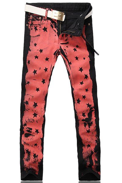 Zipper Fly Stars Print Straight Leg Men's Jeans - Noir 29