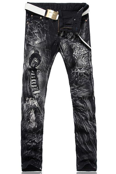 Zipper Fly Gunner and Leopard Print Straight Leg Men's Jeans - Noir 33