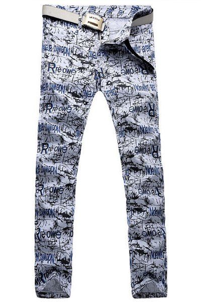 

Casual Letter Printing Zip Fly Straight Legs Denim Pants For Men, Blue and white