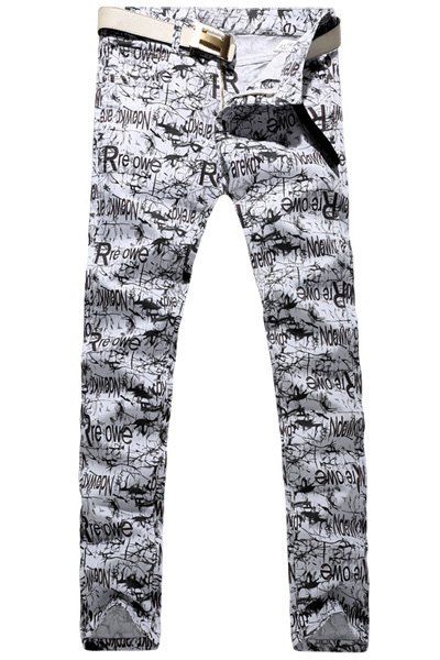 

Casual Letter Printing Zip Fly Straight Legs Denim Pants For Men, White and black