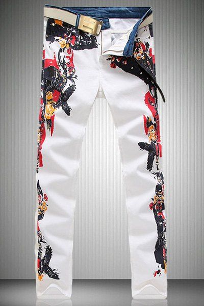 Casual Colorful Printing Zip Fly Straight Legs Denim Pants For Men - Blanc 30