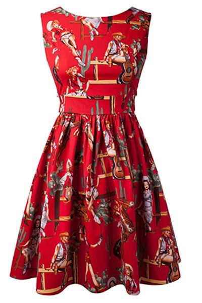 Vintage imprimé sans manches taille haute Robe plissée pour les femmes - Rouge XS