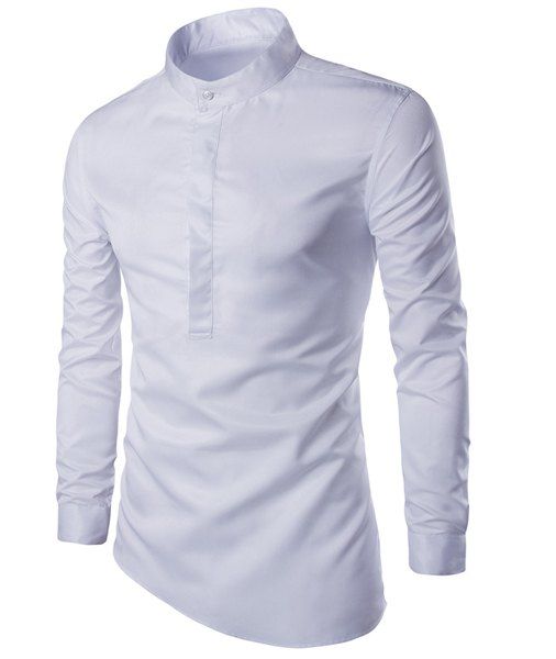 T-Shirt Manches Longues Hommes A La Mode Col Levé Couleur Vive Ourlet Irrégulier - Blanc M