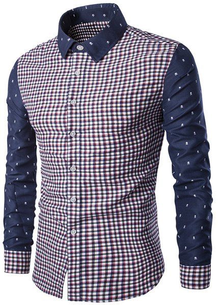 

Trendy Turn-Down Collar Plaid Print Tiny Skulls Pattern Long Sleeve Men's Shirt, Red