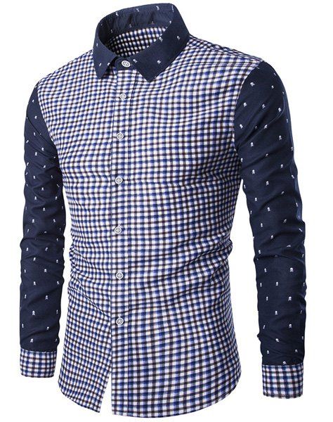 Trendy Turn-Down Collar Plaid Imprimer minuscule Skulls Motif shirt manches longues hommes - Bleu XL