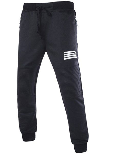 Pieds Trendy Poutre Zipper Pocket Pantalons Motif Rib épissage Drawstring Hommes - Noir 2XL