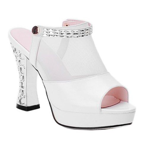 Trendy Gauze and Chunky Heel Design Women's Slippers - Blanc 39