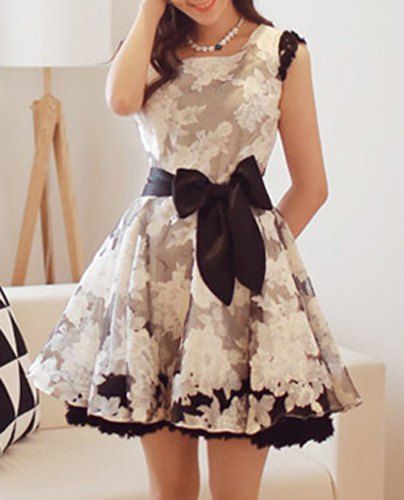 Trendy Lace Hit Color Jewel Neck Bowknot Decorated Dress For Women - multicolore L