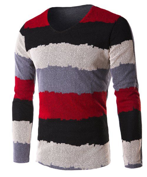 T-shirt Grille Splicing Color Block Stripe V-Neck manches longues hommes - Rouge M