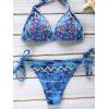 Bikini Set Trendy Printed Halter lacets de broderie femmes - Bleu profond S