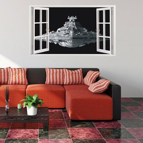 Fashion Removable Spaceship Window Pattern 3d Wall Stickers For Living Room Bedroom Decoration