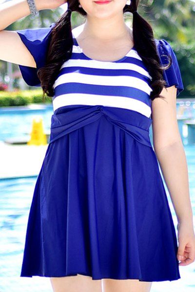 Doux taille haute à rayures One-Piece Robe Maillots de bain pour les femmes - Bleu Violet 3XL