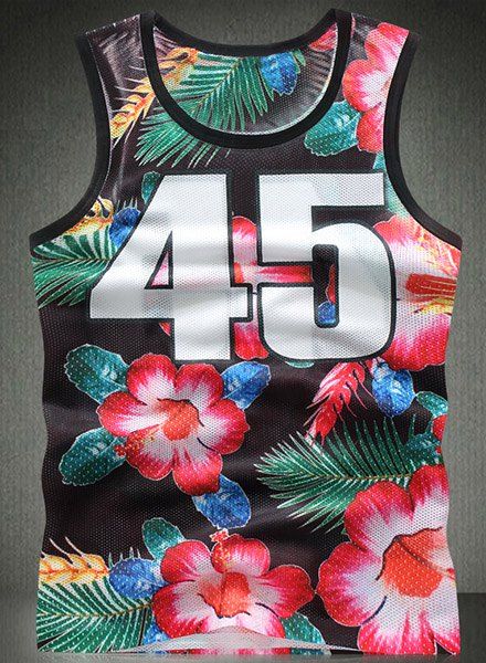Modish Round Neck 3D Floral Print Numbers Pattern Breathable Sleeveless Men's Tank Top - multicolore L