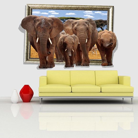 Autocollant Mural Motif Cadre et Éléphants en 3D pour Décoration de Salon et Chambre - multicolore 