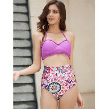 

Sexy Halter Floral Print High Waist Women's Bikini Set, Purple