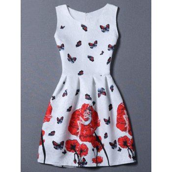 

Sweet Sleeveless Floral Jacquard Round Neck Women's Dress, White