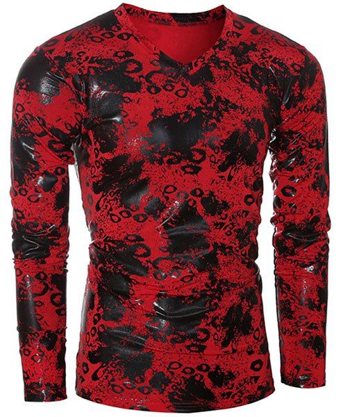 

Fashionable V-Neck Ink Design Long Sleeve Slimming Men's T-Shirt, Red