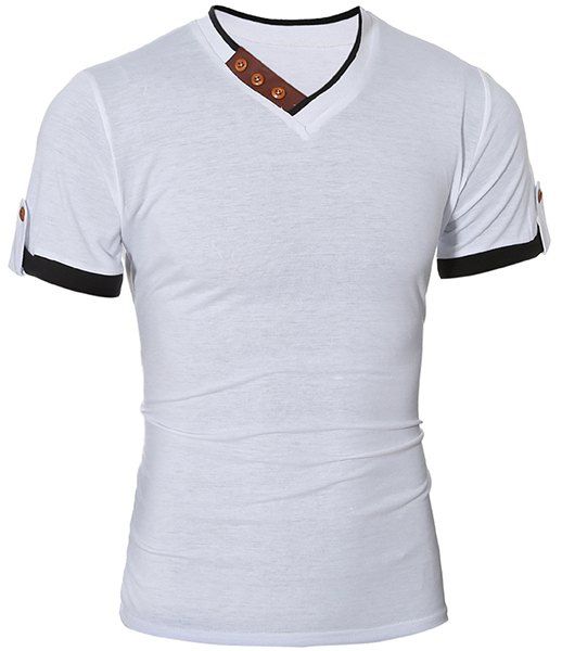 

Fashionable V-Neck Color Block Spliced Button Embellished Short Sleeve Men's T-Shirt, White