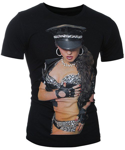 T-shirt à la mode col rond 3D Femme Imprimer manches courtes hommes - Noir L