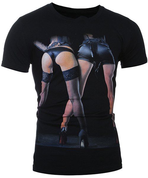 T-shirt à la mode col rond 3D Beauty Imprimer manches courtes hommes - Noir 2XL