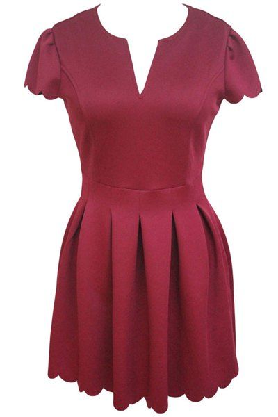 

Graceful V-Neck Short Sleeve Solid Color Scalloped Women's Dress, Red