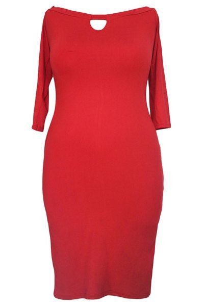

Elegant Off-The-Shoulder 3/4 Sleeve Solid Color Plus Size Women's Dress, Red