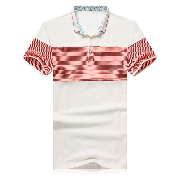 Polo de turn-down col rayé épissage conception à manches courtes T-shirt - Blanc XL