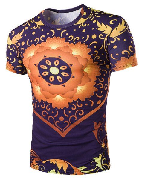 Minceur de 3D imprimé floral col rond manches courtes T-shirt - multicolore 2XL