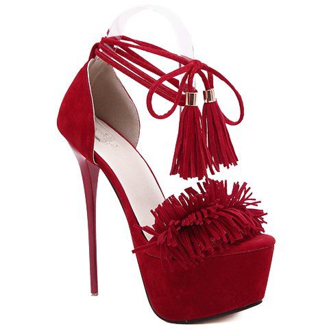 Sandales mode Fringe et Stiletto talon design femme - Rouge 38